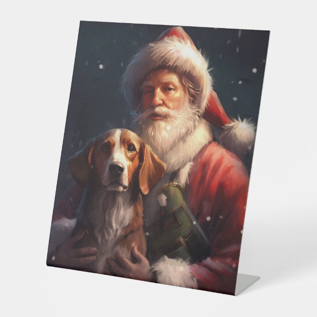 American English Foxhound Santa Claus Christmas Pedestal Sign (Front)