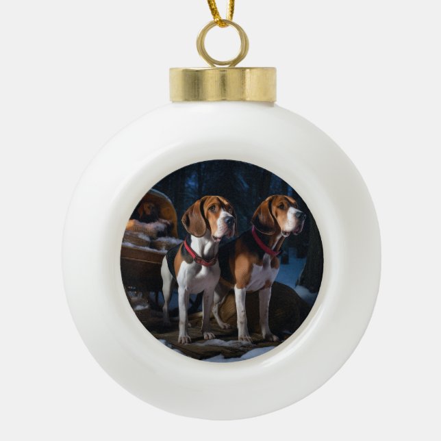 American English Foxhound Snowy Sleigh Christmas Ceramic Ball Christmas Ornament (Front)