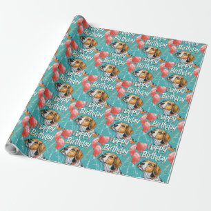 American English Foxhound with Balloons Birthday Wrapping Paper