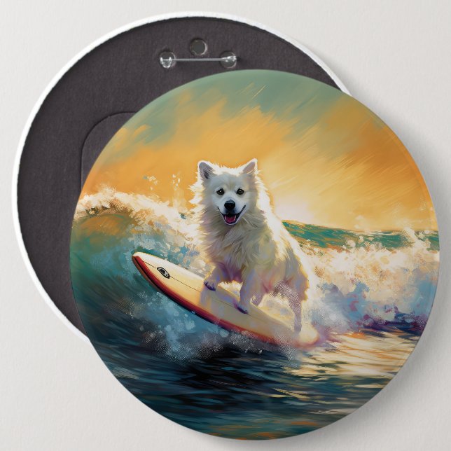 American Eskimo Beach Surfing Painting  6 Inch Round Button (Front & Back)