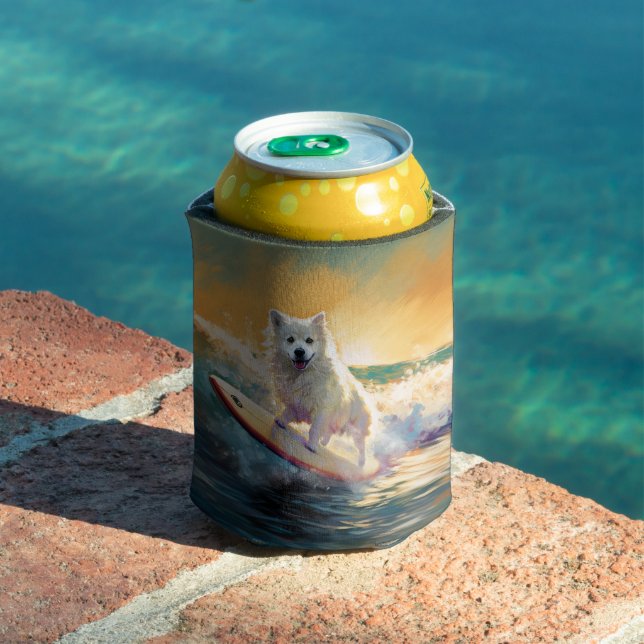 American Eskimo Beach Surfing Painting  Can Cooler (In Situ Pool)