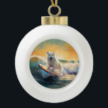 American Eskimo Beach Surfing Painting  Ceramic Ball Christmas Ornament<br><div class="desc">Immerse yourself in the playful world of canine adventure with this captivating painting. A spirited dog takes to the waves, skilfully riding the surf on a sun-kissed beach. The vibrant artwork beautifully captures the essence of beachside excitement as the dog fearlessly rides the waves, embodying the spirit of fun and...</div>