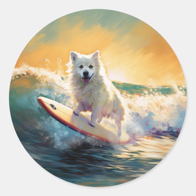 American Eskimo Beach Surfing Painting  Classic Round Sticker (Front)