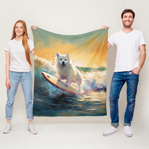 American Eskimo Beach Surfing Painting  Fleece Blanket