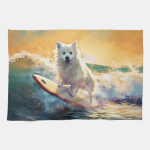 American Eskimo Beach Surfing Painting  Kitchen Towel