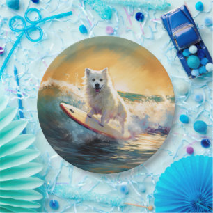 American Eskimo Beach Surfing Painting  Paper Plate