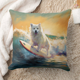 American Eskimo Beach Surfing Painting Throw Pillow