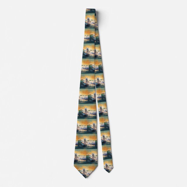 American Eskimo Beach Surfing Painting  Tie (Front)
