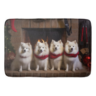 American Eskimo by the Fireplace Christmas Bath Mat