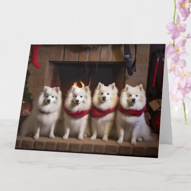 American Eskimo by the Fireplace Christmas Card (Orchid)