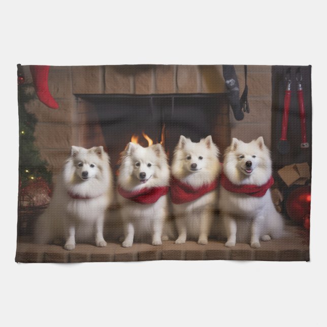 American Eskimo by the Fireplace Christmas Kitchen Towel (Horizontal)