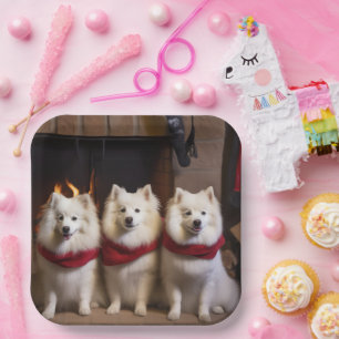 American Eskimo by the Fireplace Christmas Paper Plate