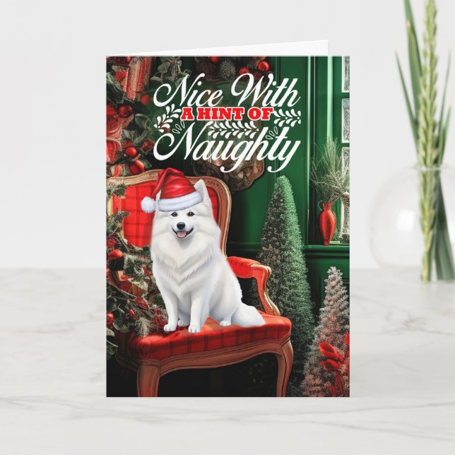 American Eskimo Christmas Dog Naughty or Nice Holiday Card (Front)