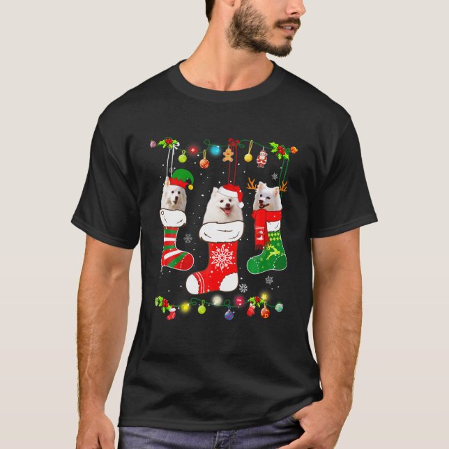 American Eskimo Christmas Lights Funny Puppy Xmas T-Shirt (Front)
