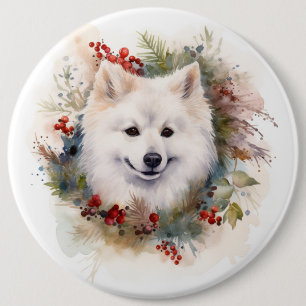 American Eskimo Christmas Wreath Festive Pup 6 Inch Round Button