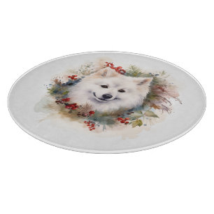 American Eskimo Christmas Wreath Festive Pup Cutting Board