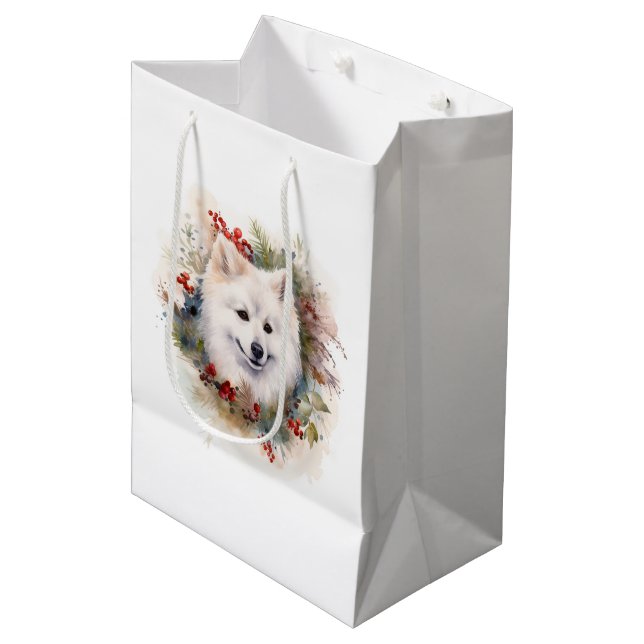 American Eskimo Christmas Wreath Festive Pup Medium Gift Bag (Front Angled)