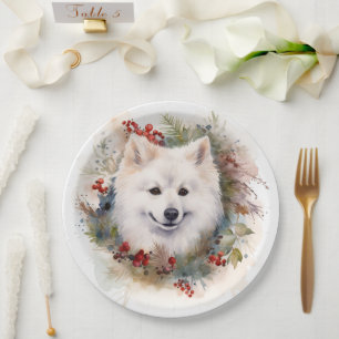 American Eskimo Christmas Wreath Festive Pup Paper Plate