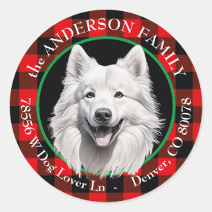 American Eskimo Dog Buffalo Plaid Return Address Classic Round Sticker