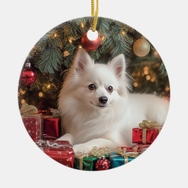 American Eskimo Dog Christmas Ceramic Ornament (Front)
