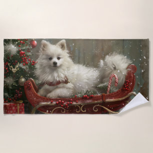 American Eskimo Dog Christmas Festive  Beach Towel
