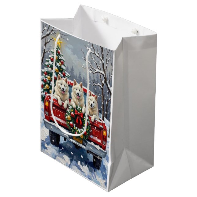 American Eskimo Dog Christmas Red Truck Holiday Medium Gift Bag (Front Angled)