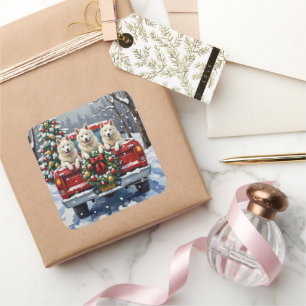 American Eskimo Dog Christmas Red Truck Holiday Square Sticker