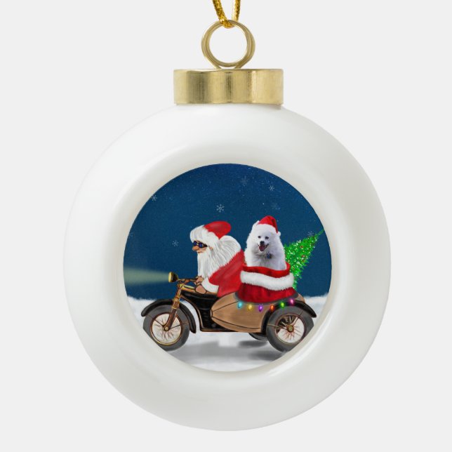 American Eskimo Dog Christmas Santa Claus  Ceramic Ball Christmas Ornament (Front)