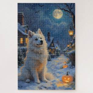 American Eskimo Dog Cozy Halloween Moonlight Art Jigsaw Puzzle