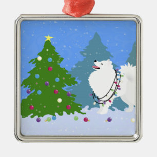 American Eskimo Dog Decorating Christmas Tree Metal Ornament