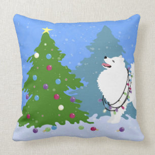 American Eskimo Dog Decorating Christmas Tree Throw Pillow