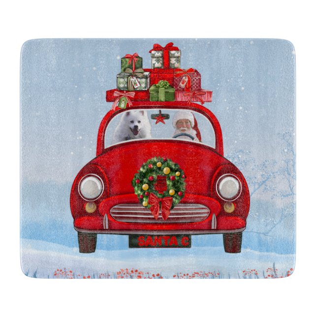 American Eskimo Dog In Car With Santa Claus Cutting Board (Front)