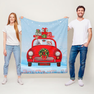 American Eskimo Dog In Car With Santa Claus Fleece Blanket