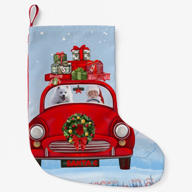 American Eskimo Dog In Car With Santa Claus Small Christmas Stocking (Front)