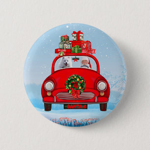 American Eskimo Dog In Car With Santa Clause  2 Inch Round Button