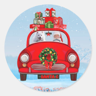 American Eskimo Dog In Car With Santa Clause Classic Round Sticker