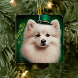 American Eskimo dog in St. Patrick's Day Dress Ceramic Ornament