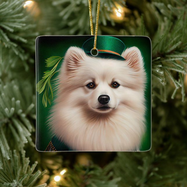 American Eskimo dog in St. Patrick's Day Dress Ceramic Ornament (Tree)