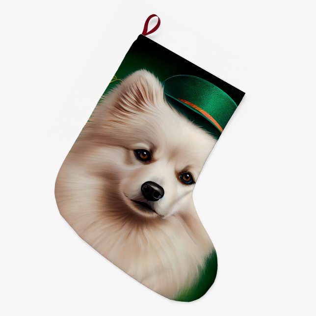 American Eskimo dog in St. Patrick's Day Dress Large Christmas Stocking (Front (Hanging))