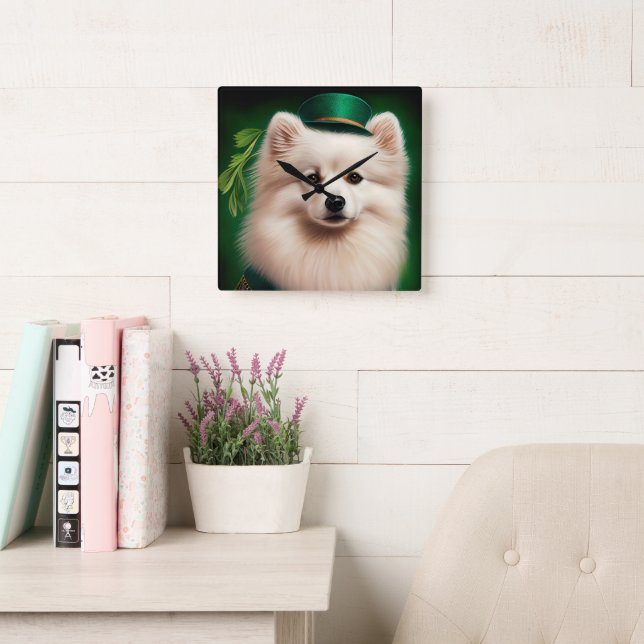 American Eskimo dog in St. Patrick's Day Dress Square Wall Clock (Reading Room)