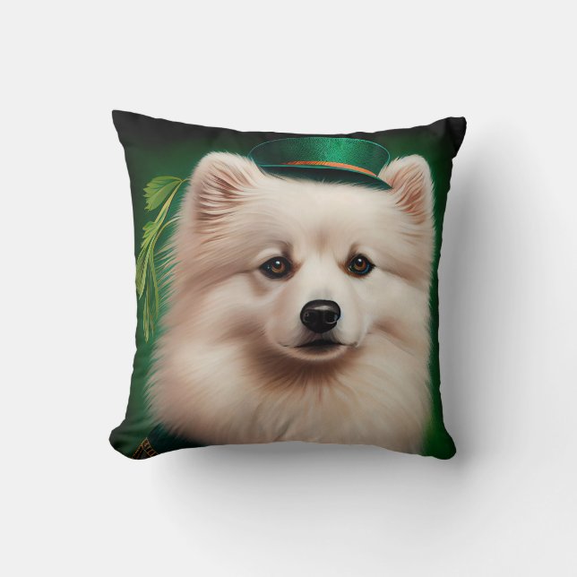 American Eskimo dog in St. Patrick's Day Dress Throw Pillow (Front)