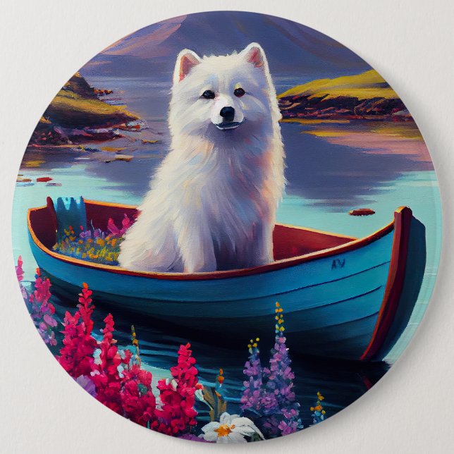 American Eskimo Dog on Paddle: A Scenic Adventure 6 Inch Round Button (Front)