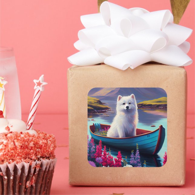 American Eskimo Dog on Paddle: A Scenic Adventure Square Sticker (Party)