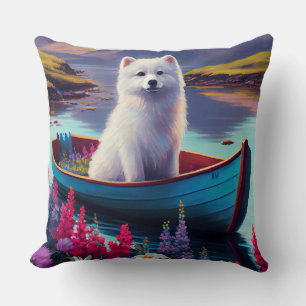 American Eskimo Dog on Paddle: A Scenic Adventure Throw Pillow