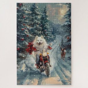 American Eskimo Dog Riding Motorcycle Christmas  Jigsaw Puzzle