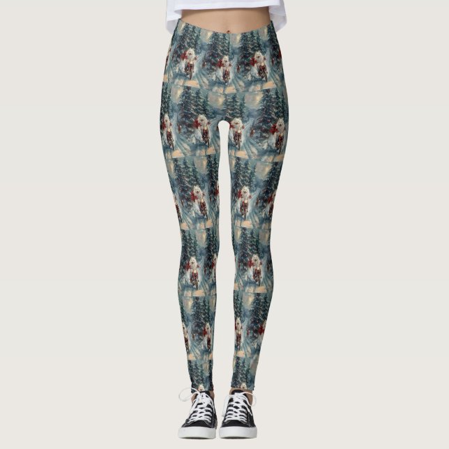 American Eskimo Dog Riding Motorcycle Christmas  Leggings (Front)