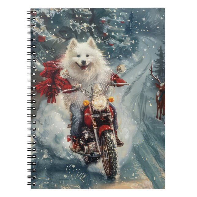 American Eskimo Dog Riding Motorcycle Christmas  Notebook (Front)