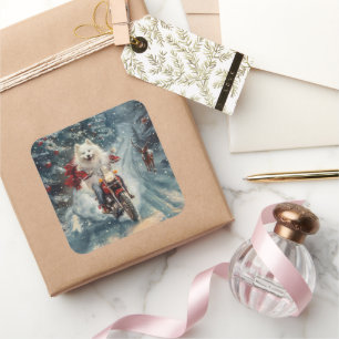 American Eskimo Dog Riding Motorcycle Christmas Square Sticker