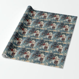 American Eskimo Dog Riding Motorcycle Christmas  Wrapping Paper