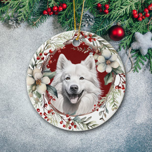 American Eskimo Dog Rustic Christmas Wreath Ceramic Ornament